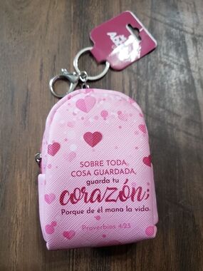 Pink Heart Mini Backpack Keychain with Spanish Scripture